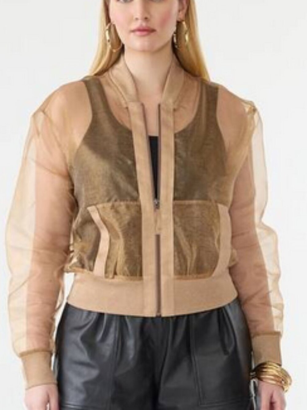 GSTQ Sheer Bomber Jacket In METALLIC Zip Up Chiffon Womens Sz L - NWT